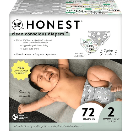 The Honest Company Clean Conscious Diapers | Plant-Based, Sustainable | Pandas + Barnyard Babies | Club Box, Size 2 (12-18 lbs), 72 Count