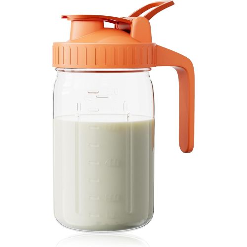 Breast Milk Pitcher, Mason Jar 32 oz, Heavy Duty Wide Mouth Jar with Orange Flip Cap Lid and Pour Spout, Airtight Seal for Freshness and Convenience, Great for Cold Beverages and Breastmilk Stora