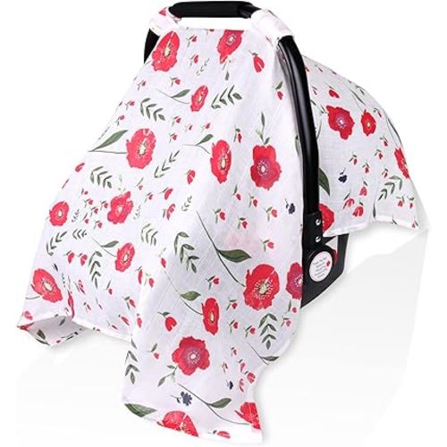 Muslin Carseat Canopy for Girl Boy, Metplus Lightweight Infant Car Seat Cover, Breathable Baby Carrier Newborn Stroller Covers, Fit Summer Spring Autumn, Large Size 47.2 x 35.4 inch, Red Flower