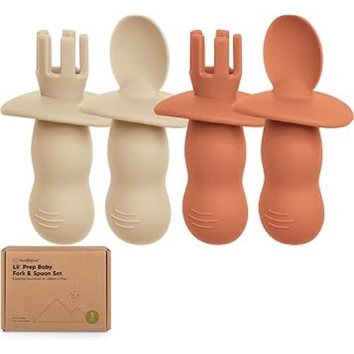 KeaBabies 4-Pack Silicone Baby Spoons and Forks Set - Baby Led Weaning Utensils 6-12 Months, Self Feeding Toddler Spoon & Fork for Training, Teething, Easy to Hold, BPA-Free Silicone (Terracotta)