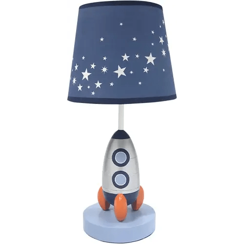 Lambs & Ivy Milky Way Blue/Silver Rocket Ship Nursery Lamp with Shade & Bulb