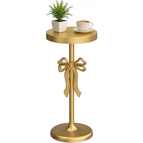 Gold Drink Table, Metal Martini Side Table - 9.9" x21.7'', Gold Small Accent Table with Bow Decoration, Pedestal End Table for Small Spaces