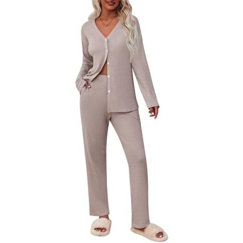 Ekouaer Womens Waffle Knit Pajamas Loungewear Two-piece Sleepwear Button-Down Pj Set with Pockets