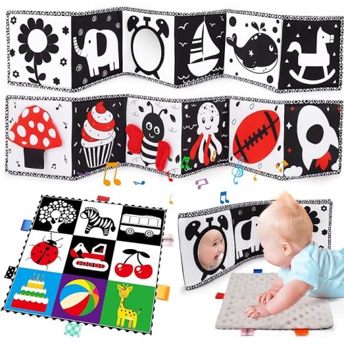 2 PCS Black and White High Contrast Baby Toys 0-6 Months Soft Crinkle Book for Early Education Montessori Sensory Toys for Newborn Brain Development Tummy Time Mirror Infant Toys 6-12 Months Gifts - 2PCS