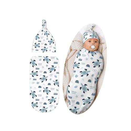Sea Turtle Baby Stuff Swaddle Blanket Set with Beanie Hat for Boys and Girls, Soft and Stretchy Newborn Sleeping Sack Receiving Blanket Shower Gift