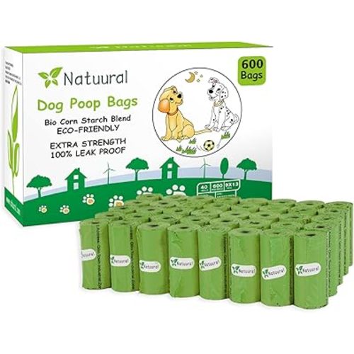 Dog Poop Bags Rolls-600 Counts, 40Rolls, Biodegradable Poop Bags Made of Cornstarch, 100% Leak Proof and Easy to Open (Green)
