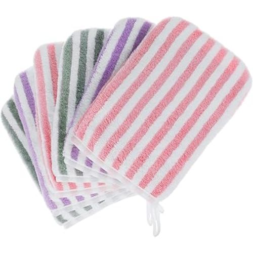 6 Striped Bath Mitts Washcloths, PHOGARY Small Hand Towels with Hanging Loop, 5"x8" Super Absorbent Soft Coral Fleece Face Towels Kid Teen Adult Body Facial Cloths Machine Washable Cloth for Showering