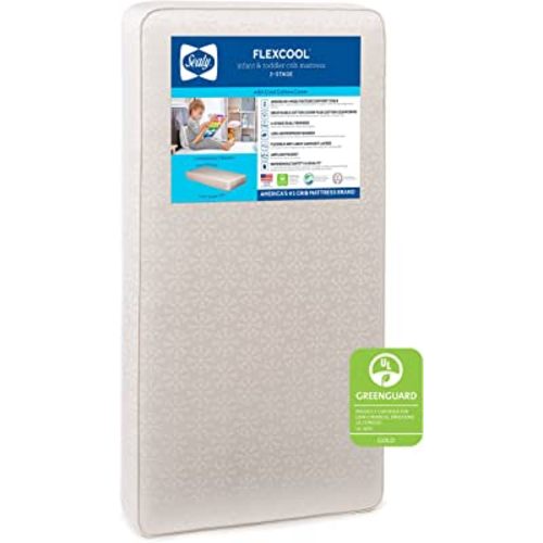 Sealy Baby Flex Cool Breathable Hypoallergenic 2-Stage Dual Firm Waterproof Baby Crib Mattress & Toddler Bed Mattress, Cotton Cover, 204 Premium Coils, Air Quality Certified, Made in USA, 52"x28"
