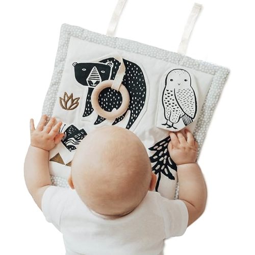 Wee Gallery Organic Activity Pad - High Contrast Tummy Time Play Mat with 4 Interactive Activities - Soft Sensory Mat for Babies - Visual & Motor Skill Development Pad - (Woodland)