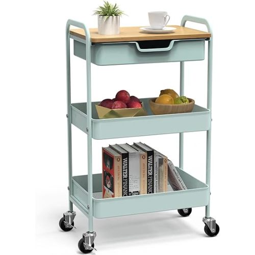3 Tier Rolling Cart, Utility Cart with Drawer and Table Top, Metal Rolling Kitchen Storage Organizer Cart with Handle and Locking Wheels for Bathroom Office Balcony Living Room