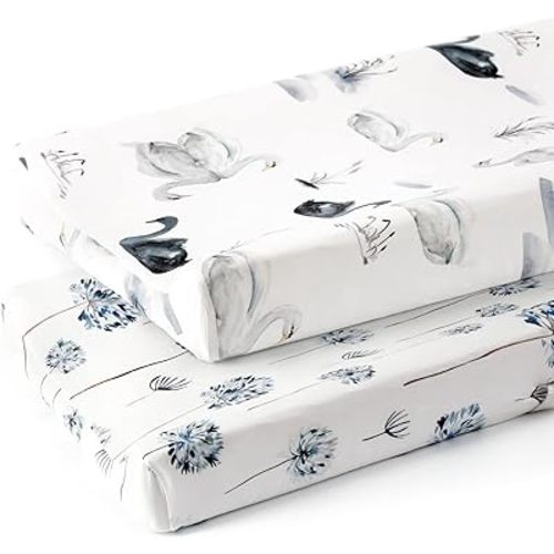 GRSSDER Stretch Ultra Soft Jersey Knit Changing Pad Cover Set 2 Pack, Change Table Pad Covers Fit 32"/34" x 16" Pads Safe and Snug, Pretty Swan/Watercolor Dandelion for Baby