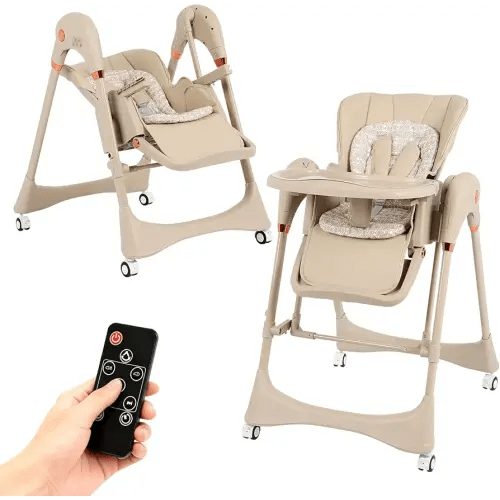 Electric Rocking High Chair with Remote Control | 6-in-1 Smart Baby & Toddler Chair w/Auto Sway, 6-Level Height Adjust | No-Tools Fold & Machine Washable (Brown)