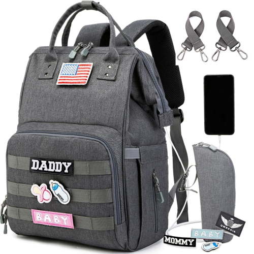 Diaper Bag Backpack for Dad and Mom with USB Charging Port Stroller Straps and Insulated Pocket,army military Travel Nappy Backpack (Dark Grey)