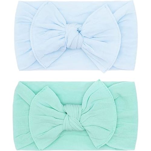 Baby Bling Bows - Newborn to Little Baby Girl Bows, 2 Pack Nylon Super Soft Stretchy Knot Toddler Headbands, Perfect Hair Accessories Head Bands for Infant Kids(Sky & Seafoam)