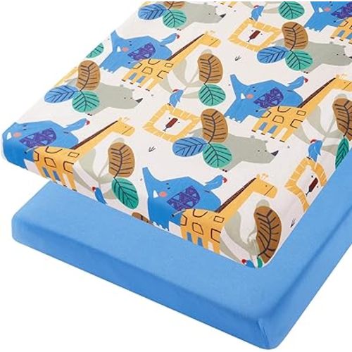 TILLYOU Mini Crib Sheets Fitted 2 Pack, Pack and Play Sheets for Toddler Mattress, Soft and Breathable 38”x 24” Pack n Play Mattresses Cover, Animal Geometry & Blue