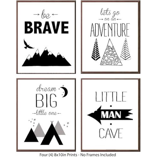 Silly Goose Gifts Brave Little Man Cave - Black White Grey Adventure Themed Children Nursery Room Wall Decor Art Prints (Set of Four) Dream Big Little One Hanging Picture Posters Minimalist