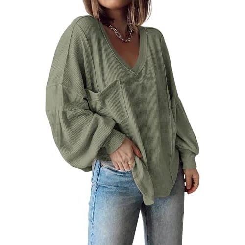 BTFBM Womens Fall Fashion 2025 Long Sleeve Shirts Casual V Neck Ribbed Knit Blouses Pullover Trendy Loose Fit Tunic Tops