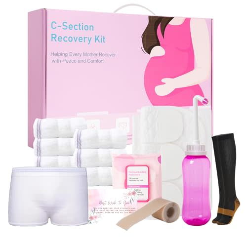C Section Recovery Must Haves Kit - Peri Bottle,Disposable Mesh Underwears,Witch Hazel Pad Liners,Silicone Scar Patches, Abdominal Belly Binder,Socks,Postpartum Essentials Kit New Mom Gifts