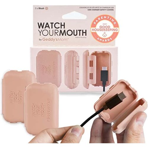Geddy's Mom - Watch Your Mouth - The Award Winning USB Charger Child Safety Cover - Made in The USA - Baby Proofing Toddler Shock Prevention (3 Pack Blush)