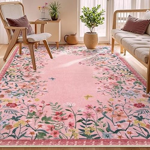 Wonnitar Washable Rug, 5x7 Pink Rugs for Living Room, Floral Print Non-Slip Pink Area Rugs for Bedroom Girls, Soft Large Throw Carpet for Kids Nursery Room (Pink,5'x7')