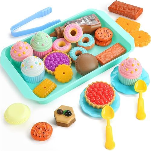 LOVESTOWN Pretend Play Desserts Toy Set - 29 PCS Kids Desserts Fake Food for Tea Party & Birthday Gift