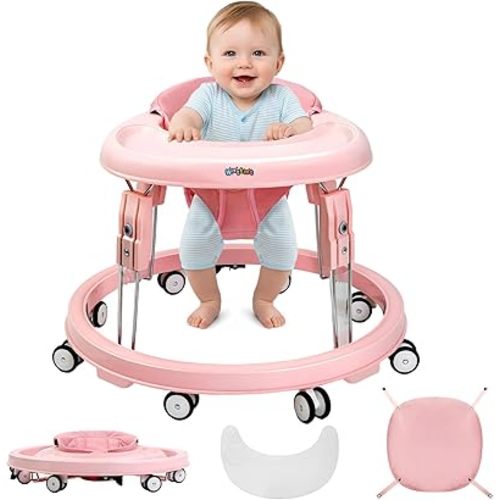 Baby Walker with Wheels, One-Touch Folding Portable Baby Walkers with Height Adjustment, Large Dinner Plate and Brake, Walker for Baby Boy Girls 6-18 Months, Full Pink