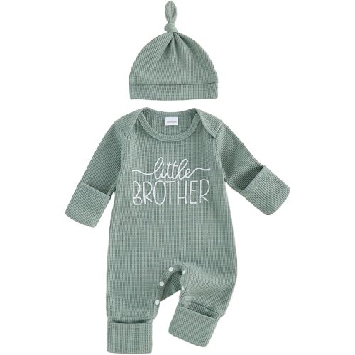 allshope Newborn Baby Boy Fall Outfit Romper Little Brother Lil Bro Long Sleeve Jumpsuit Bodysuit Cute Infant Waffle Clothes (Color Green, 0-3 Months)