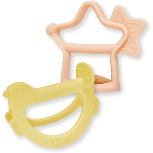 Wrist Teether Gift Set 100% Silicone Wearable Type Baby Chew Toy Baby Gift for Newborn, Roly Poly Toy Silicone Teething Toys for Infant and Toddler Bracelet Type (Bird Yellow, Star Coral Beige)