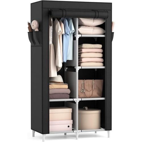 ROJASOP Portable Closet Wardrobe Closet for Hanging Clothes with 6 Storage Shelves, 1 Hanging Rod and 4 Pockets, Free Standing Closet Clothes Organizer for Bedroom, Sturdy and Easy Assemble