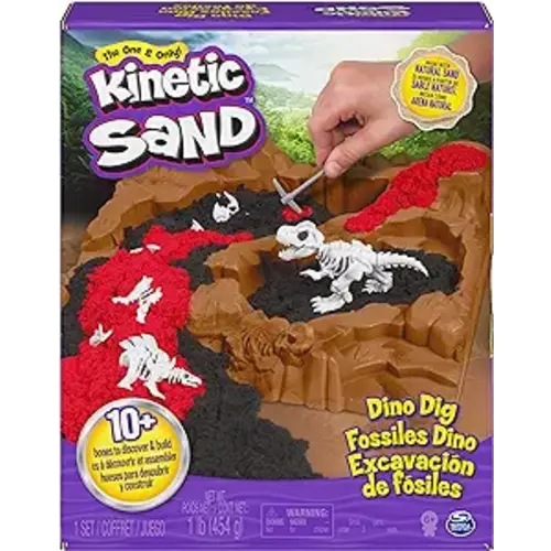 Kinetic Sand, Dino Dig Playset with 10 Hidden Dinosaur Bones, Play Sand Sensory Toys for Kids Aged 6 and Up