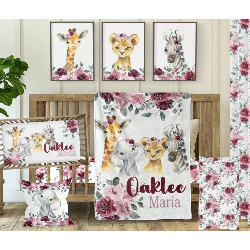 Safari Crib Bedding Set, Baby Girl Personalized Baby Bedding, Pink Floral Safari Animal Nursery, Baby Animals Blanket with Name