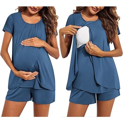 Ekouaer Women's Maternity Nursing Pajamas Set Breastfeeding Sleepwear Double Layer Short Sleeve Top & Shorts Nursing Pjs