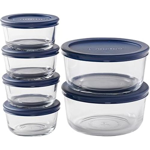 Anchor Hocking 12 Piece Glass Storage Containers with Lids (6 Glass Food Storage Containers & 6 Navy Blue SnugFit Lids)