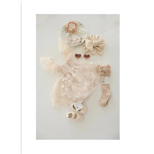 Baby Girl Summer Fall Boho Butterfly Tulle Dress or Romper, Neutral Ivory Cream Lace Bow Coming Home Outfit Summer Wedding Flower Girl