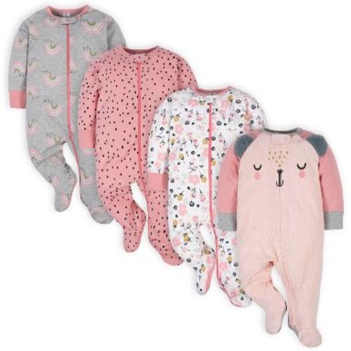 Gerber Baby Girls' Sleep 'n Plays with Mitten Cuffs - Bear - 0-3 Months - 4-Pack