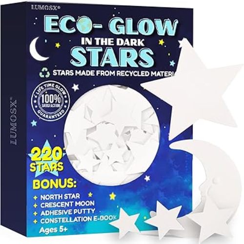 LUMOSX Glow in The Dark Stars for Ceiling - Stars from Recycled Materials w/North Star, Moon & Constellation E-Book | 220 pcs Ceiling Stars for Ceiling Decorations for Kids Room Decor