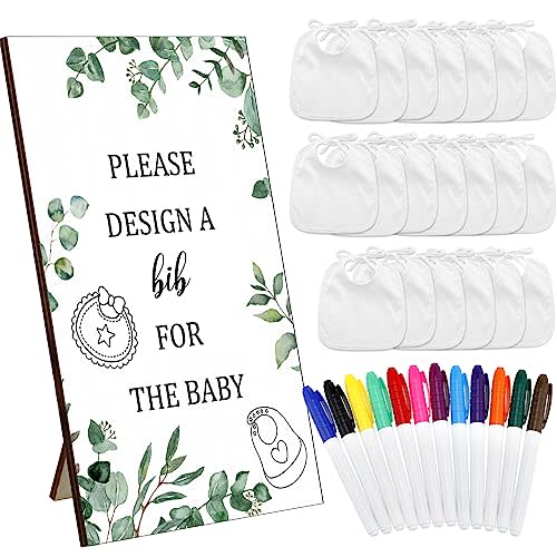 Panitay 43 Pcs Baby Shower Games White Bibs Design, Include Wooden Baby Shower Game Sign, 30 DIY Blank White Bibs, 12 Markers for Gender Reveal Party Decorating Supplies(Greenery)