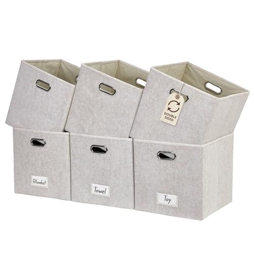 DECOMOMO 13 inch Cube Storage Bins, Storage Cubes with Labels, Felt Basket for Shelves Closet Toys Clothes Books (Cube 13" / 6pcs, Beige)
