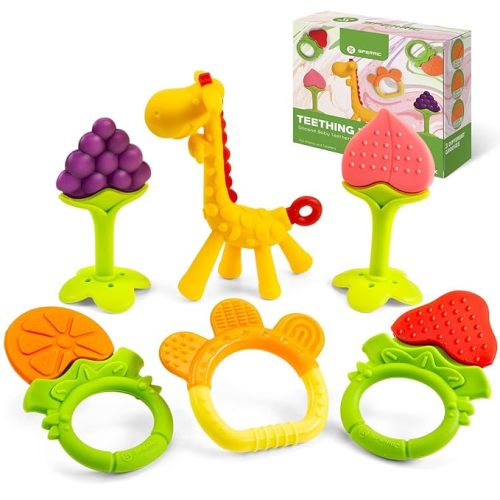 Teethers for Babies 0-6 Months - Newborn Infant Baby Teething Toys - Freezer Safe Silicone Baby Teether - Frozen Teething Toys for Babies 0-6 Months - Baby Teethers Chew Toys 6 Pack -Perfect Baby Gift - Fruits & Animal
