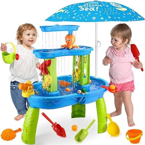 Water Table for Toddlers 1-3 3-5, Kids Sand and Water Table with Umbrella, Ages 2 3 4 5 Years Old, Summer Outdoor Activity Table for Outside Backyard Beach Water Toys for Boys Girls