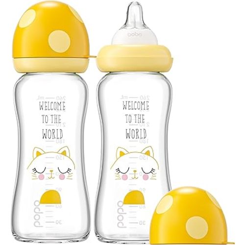 YOHKOH Natural Glass Baby Bottle with Natural Response Nipple, Newborn Anti-Colic Baby Bottles, Wide Neck Mushroom Cap Baby Bottle, Clear (8.8ounce (Pack of 2), Yellow1)