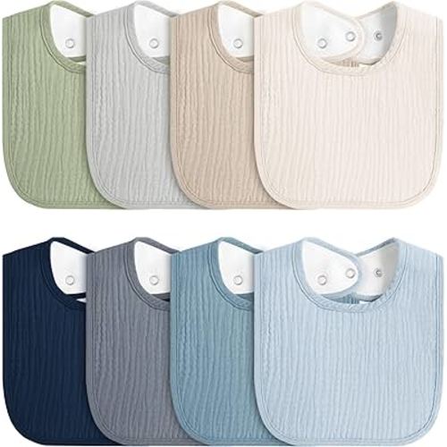 8-Pack Baby Muslin Bibs, Soft Cotton Drool Bibs for Boys Girls, Adjustable and Absorbent Newborn Bib Set for Feeding and Drooling