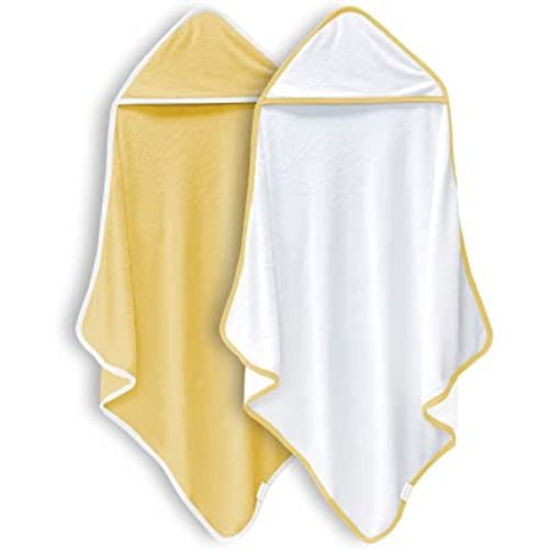 BAMBOO QUEEN 2 Pack Premium Baby Bath Towel - Rayon Made from Bamboo, Hooded Towels for Babies,Toddler,Infant - Newborn Essential -Perfect Baby Registry Gifts (White and Yellow, 30 x 30 Inch)