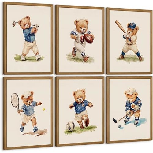 Olctedo Nursery Bear Sports Wall Art Vintage Boy Room Canvas Wall Decor Baby Teddy Bear Pictures Boy Nursery Art Prints Kids Animal Poster Artwork for Toddler Bedroom Playroom 8x10 Inch Unframed 6Pcs