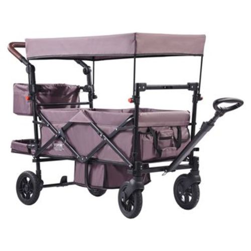VEVOR Wagon Stroller for 2 Kids, Push Pull Quad Collapsible Stroller with Handle, Encircling Harness Canopy,4 Wheels w/ Brakes,Dark Purple&Black