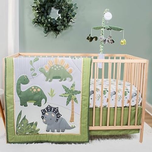 The Peanutshell 4 Piece Baby Crib Bedding Set for Boys - Newborn, Infant & Toddler Nursery Bed Set with Fitted Crib Sheet, Dust Ruffle, Comforter, Mobile - Dinosaur Nursery Decor