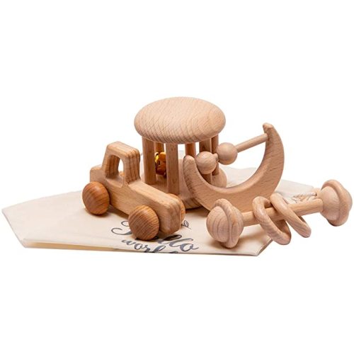 Wooden Baby Toys Montessori Toys Set Wooden Rattles Grasping Toys Wood Ring 4pcs,Pick-up Truck Toy Set