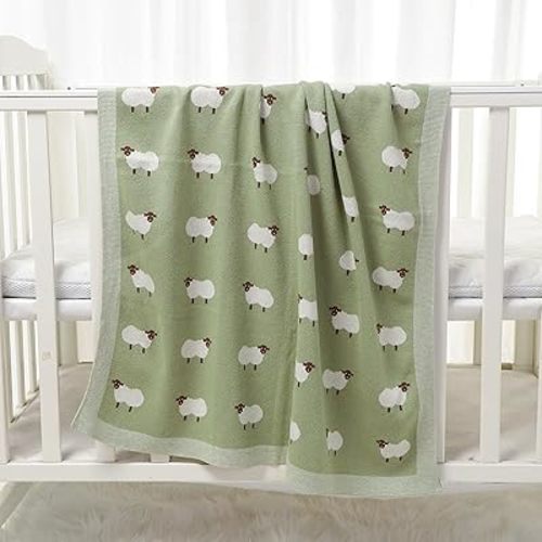Hadetoto 100% Cotton Baby Blanket Knit Soft Cozy Swaddle Receiving Blankets Toddler Infant Blanket with Lovely Sheeps for Newborn Boy Girls - Light Green, 90 x 70cm
