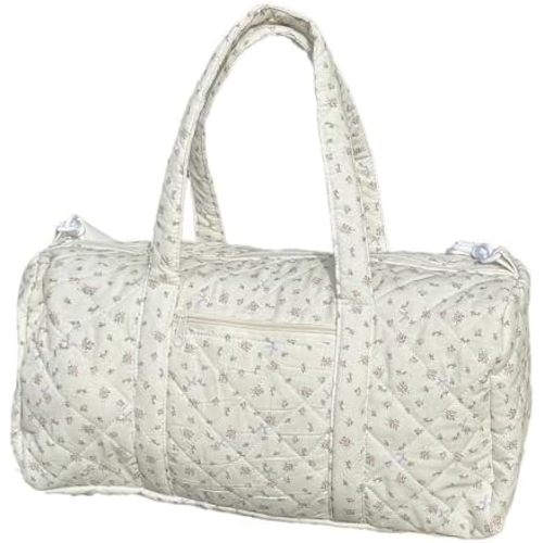 Quilted Duffle Bag for Women, Cute Weekend Bags Coquette Floral Duffle, Lightweight Baby Hospital Bag Diaper Tote (Beige)