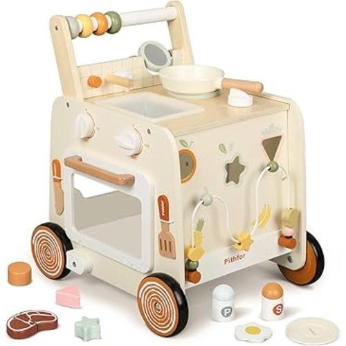 Wooden Baby Walker, 3-in-1 Baby Push Walker, with Pretend Kitchen, Montessori Sensory Activity Center, Push Walker Toys for Babies Learning to Walk, Sit-to-Stand